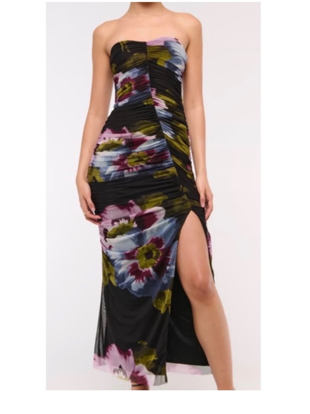 NEW Abercrombie & Fitch Ruched Mesh Floral Maxi Dress Slit Black Large Tall NWT
